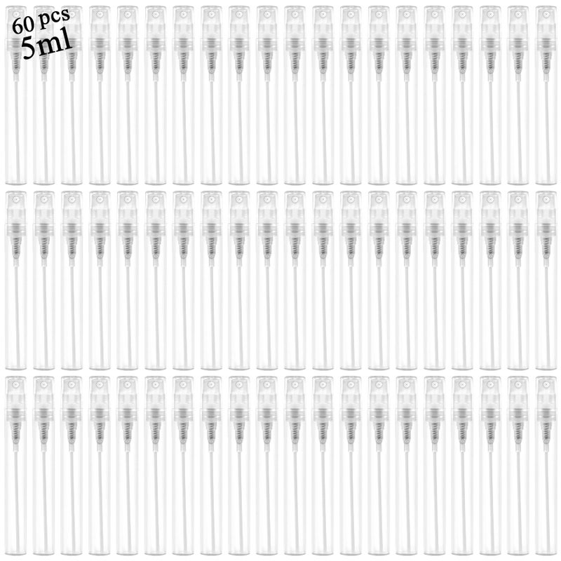 Csdtylh Mini Spray Bottle, Clear Plastic Empty Sample Containers, Fine Mist Perfume Travel Refillable Spray Bottle Perfume Atomizer Small Portable Bottle for Cleaning, Travel, Essential Oils (60, 5ml) - Image 1